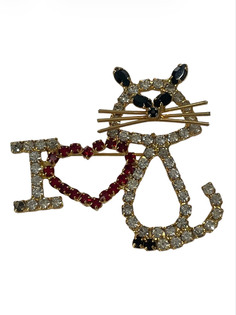 Crystal Vintage Cat Brooch Pin - Gold Tone with White, Red and Black Stones